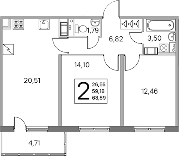 2-комнатная квартира 59.18 м², 5/5 эт., ЖК «ЮгТаун. Олимпийские кварталы»
